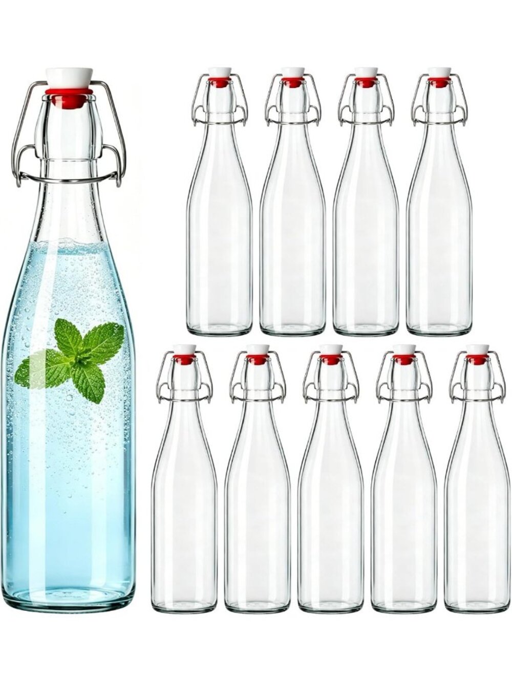 Set of 10 Swing Top Glass Bottles, 16oz with Lids - Perfect for Kombucha